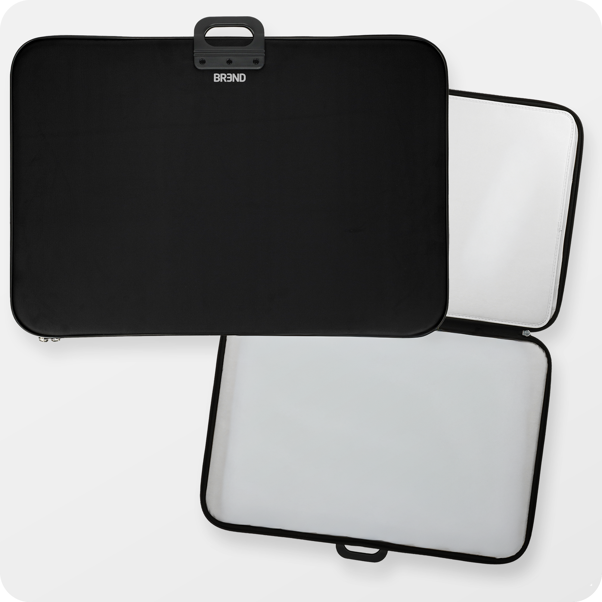 Een zwarte puzzelmap met de binnenkant en voorkant zichtbaar.